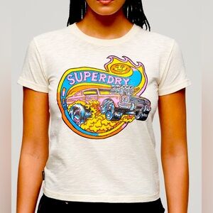 women’s superdry neon Motor Graphic Fitted T-Shirt-Cream size kids 12/ladies xs